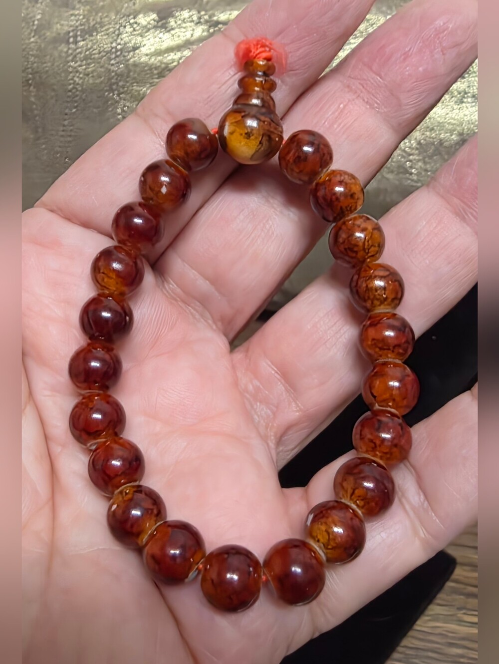 Deep Red/Brown Amber-Style Beaded Stretch Bracelet